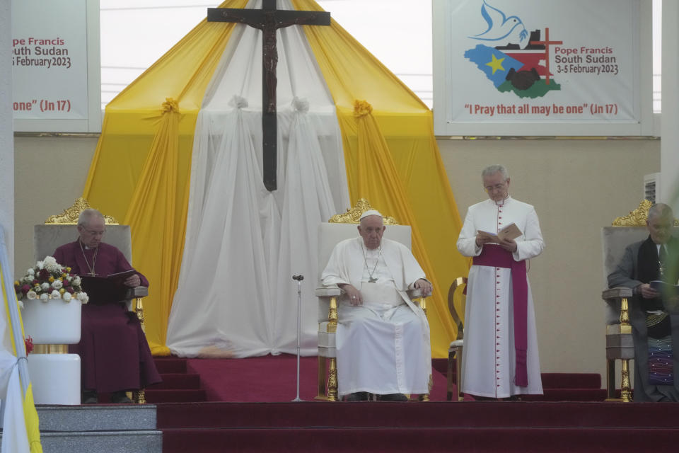 Pope Francis attends an ecumenical prayer at John Garang Mausoleum in Juba, South Sudan, Saturday, Feb. 4, 2023. Francis is in South Sudan on the second leg of a six-day trip that started in Congo, hoping to bring comfort and encouragement to two countries that have been riven by poverty, conflicts and what he calls a "colonialist mentality" that has exploited Africa for centuries. (AP Photo/Gregorio Borgia)