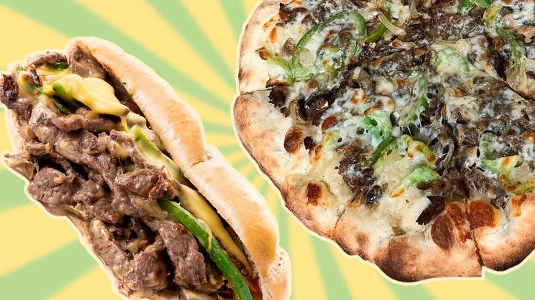 philly cheese steak sandwich and pizza