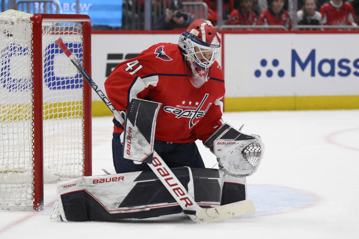 Washington Capitals goaltender Vitek Vanecek (41) stops the puck during the second period of an NHL hockey game against the Toronto Maple Leafs, Sunday, April 24, 2022, in Washington. (AP Photo/Nick Wass)