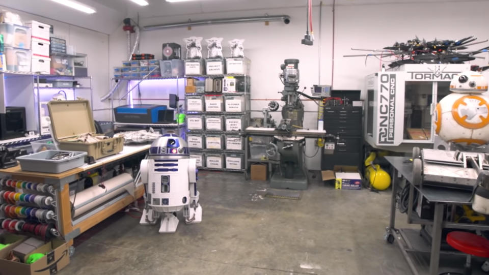 A look at Grant Imahara's workshop in Los Angeles, which is filled with tools and a couple of Star Wars robots.