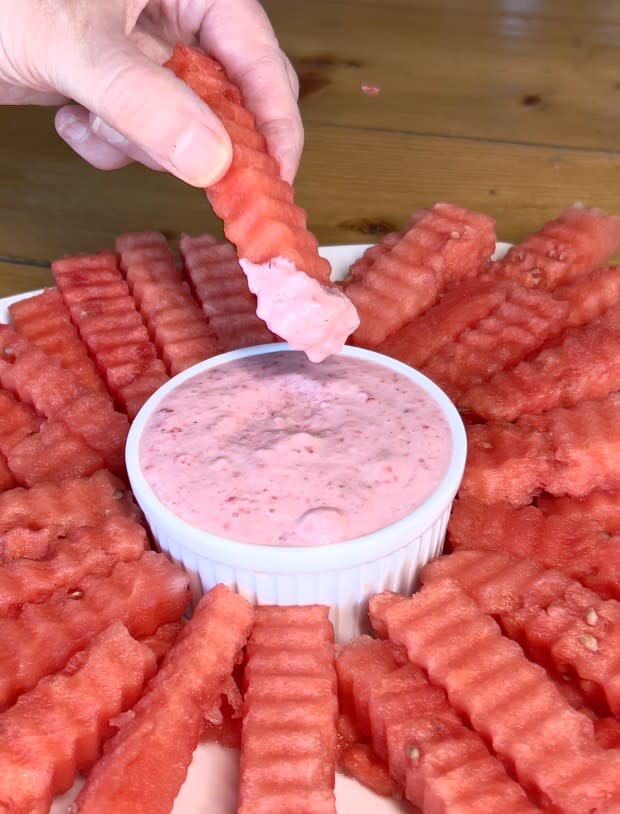 <p>Theresa Greco</p><p>Kids will love this fun twist on a fry. Plus a yummy strawberry yogurt dipping sauce. </p><p><strong>Get the recipe: <a href="https://parade.com/food/watermelon-fries" rel="nofollow noopener" target="_blank" data-ylk="slk:Watermelon Fries;elm:context_link;itc:0;sec:content-canvas" class="link ">Watermelon Fries</a></strong></p>