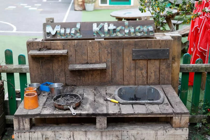 A playing stand called the 'mud kitchen' in the courtyard of St Barnabas and St Philip's Church of England school in London, Britain 26 June 2024