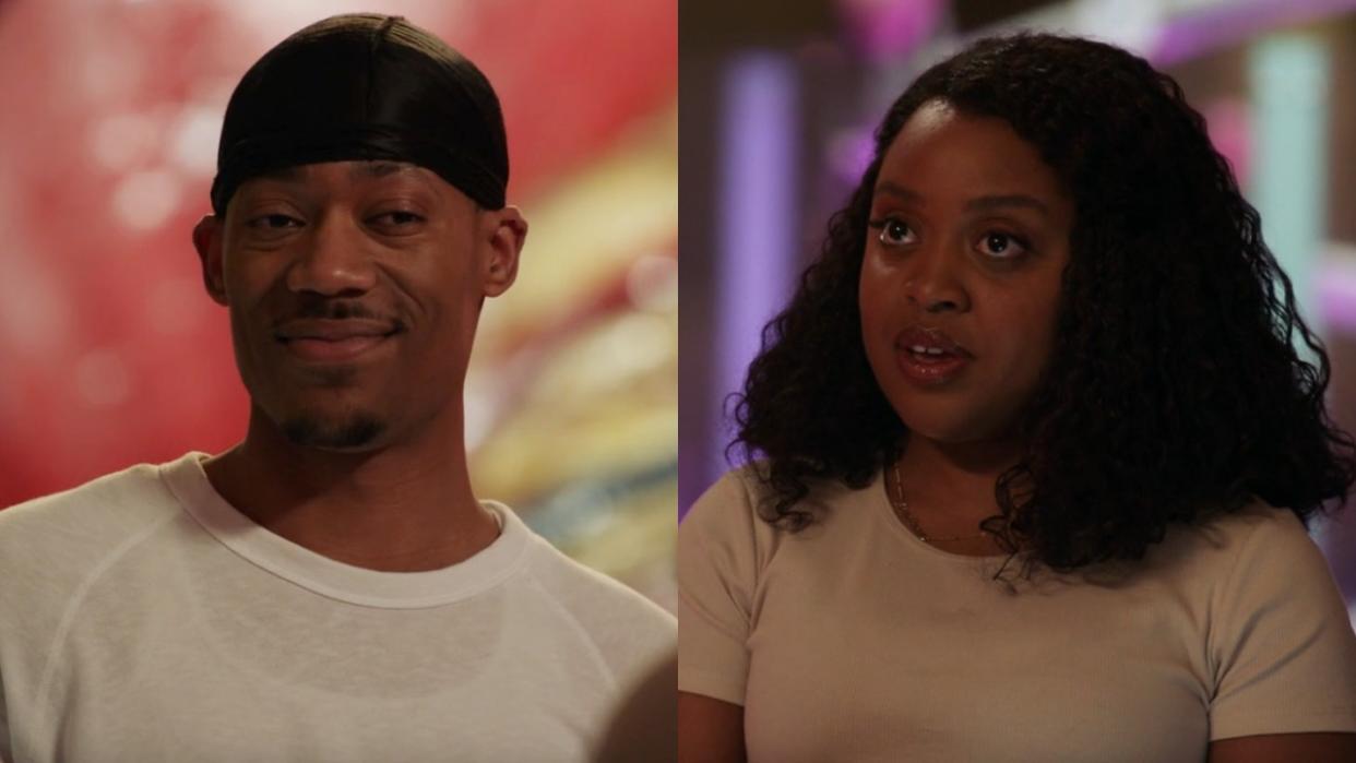  From left to right: side-by-side of Tyler James Williams and Quinta Brunson in the Season 2 finale of Abbott Elementary. 