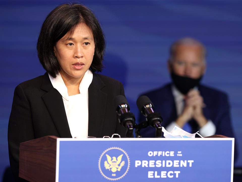 <p>Biden has nominated Katherine Tai to serve as <a href="https://buildbackbetter.gov/nominees-and-appointees/katherine-tai/" rel="nofollow noopener" target="_blank" data-ylk="slk:U.S. trade representative;elm:context_link;itc:0;sec:content-canvas" class="link ">U.S. trade representative</a>. If confirmed by the Senate, Tai will be the first woman of color to serve in the role. </p>