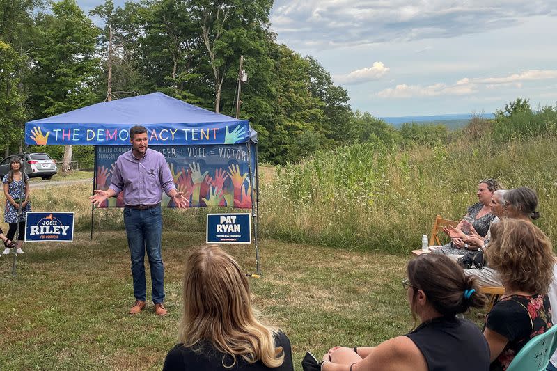 Democratic nominee for Congress, Pat Ryan addresses supporters in Woodstock, New York