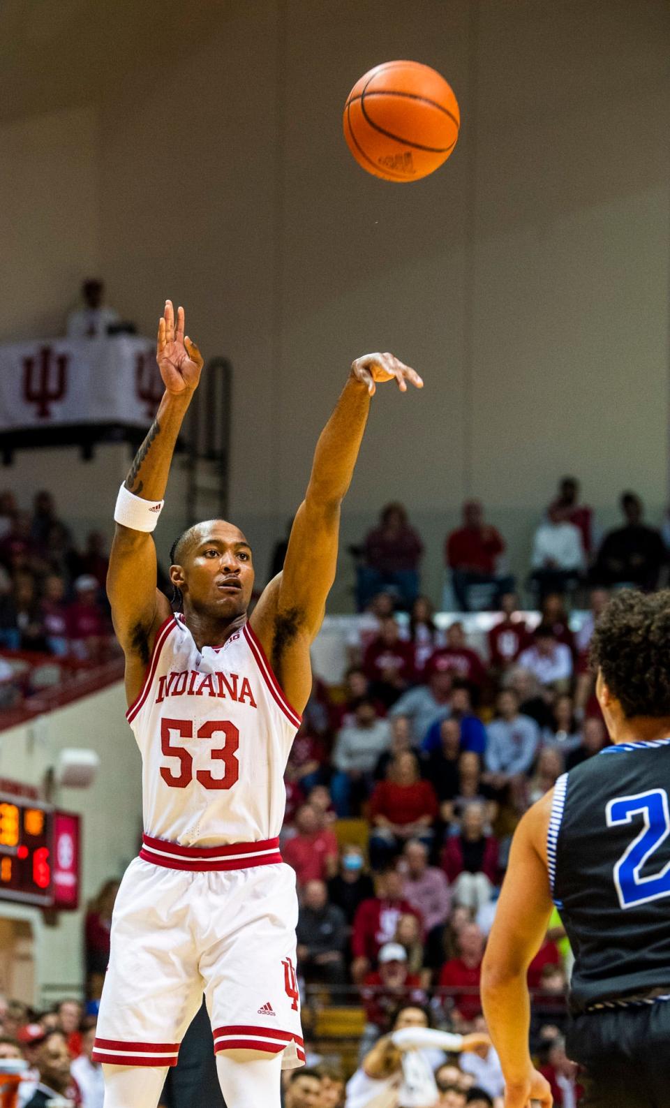 Indiana's Tamar Bates (53) shoots a three-pointer during the Indiana versus St. Francis men's basketball game at Simon Skjodt Assembly Hall on Thursday, Nov. 3, 2022.