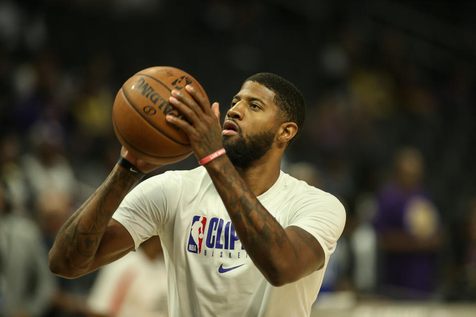 LOS ANGELES, CA - MARCH 08:  LA Clippers guard Paul George (13) before the Los Angeles Lakers versus Los Angeles Clippers on Sunday March 8, 2020, at Staples Center in Los Angeles, CA. (Photo by Jevone Moore/Icon Sportswire via Getty Images)