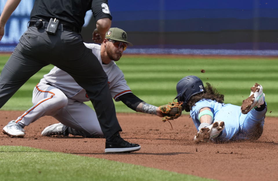 Baltimore Orioles shortstop Joey Ortiz (65) tags out Toronto Blue Jays Bo Bichette on a steal attempt of second base during the first inning of a baseball game in Toronto on Sunday, May 21, 2023. (Frank Gunn/The Canadian Press via AP)