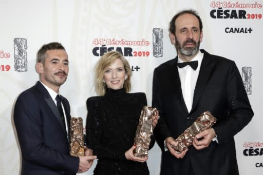 French director Xavier Legrand (L) winner of the Best film award and Best Original Screenplay award with actress Lea Drucker, winner of Best actress award and producer Alexandre Gavras