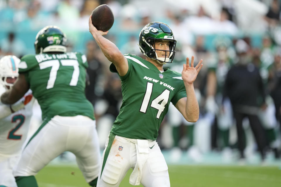 New York Jets quarterback Trevor Siemian (14) aims a pass during the second half of an NFL football game against the Miami Dolphins, Sunday, Dec. 17, 2023, in Miami Gardens, Fla. (AP Photo/Rebecca Blackwell)