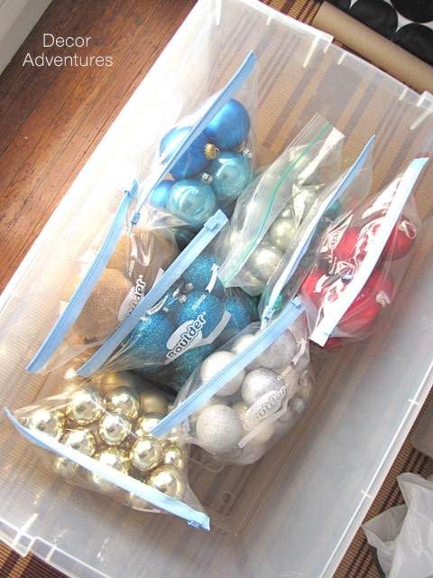 <p>If you want to keep all your ornaments in the same container, but sorted by color or size, use clear <a href="https://www.amazon.com/Ziploc-Gallon-Slider-Storage-Count/dp/B01FXMDA2O/" rel="nofollow noopener" target="_blank" data-ylk="slk:gallon bags;elm:context_link;itc:0;sec:content-canvas" class="link ">gallon bags</a> from your kitchen. Then next year, it'll be super easy to assess your stash — and see if you should stock up on any specific hues.</p><p> <em><a href="http://www.decoradventures.com/2014/01/organize-christmas-ornaments.html" rel="nofollow noopener" target="_blank" data-ylk="slk:See more at Decor Adventures »;elm:context_link;itc:0;sec:content-canvas" class="link ">See more at Decor Adventures »</a></em> </p>