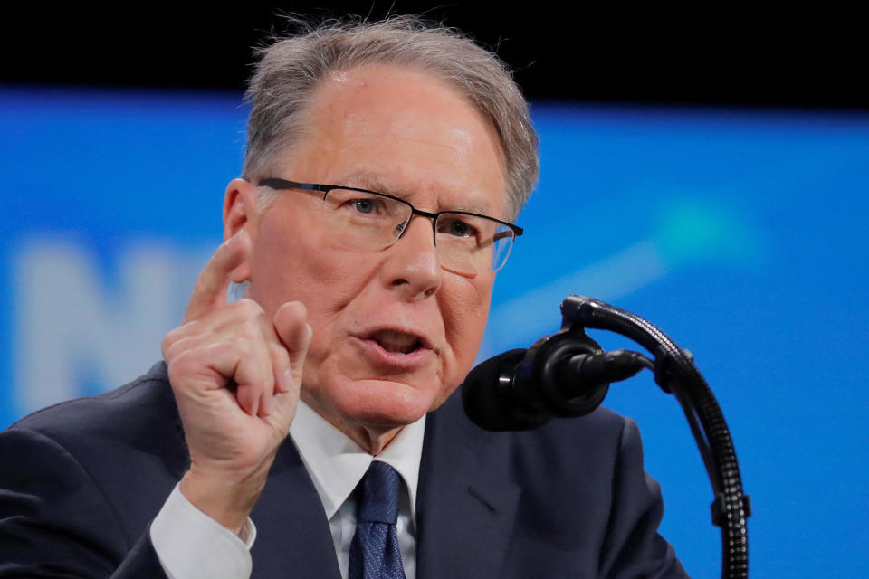 Wayne LaPierre, executive vice president and CEO of the National Rifle Association, speaking at the NRA annual meeting in Indianapolis on April 26, 2019. / Credit: Lucas Jackson / Reuters