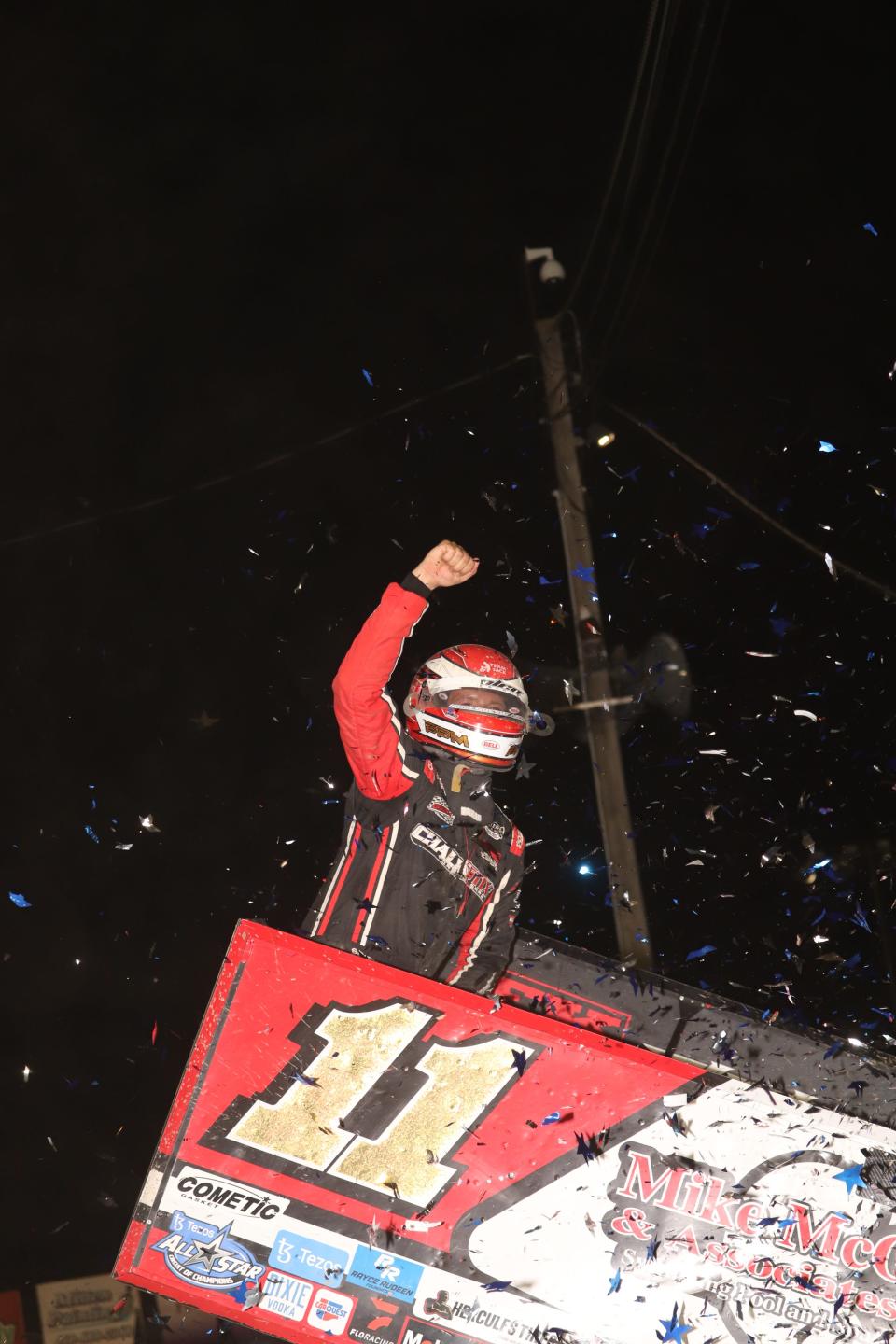 Parker Price Miler celebrates in Victory Lane at Fremont Speedway.