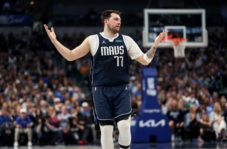 <a class="link " href="https://sports.yahoo.com/nba/players/6014/" data-i13n="sec:content-canvas;subsec:anchor_text;elm:context_link" data-ylk="slk:Luka Doncic;sec:content-canvas;subsec:anchor_text;elm:context_link;itc:0">Luka Doncic</a> of the <a class="link " href="https://sports.yahoo.com/nba/teams/dallas/" data-i13n="sec:content-canvas;subsec:anchor_text;elm:context_link" data-ylk="slk:Dallas Mavericks;sec:content-canvas;subsec:anchor_text;elm:context_link;itc:0">Dallas Mavericks</a> reacts during the Mavs' loss to the <a class="link " href="https://sports.yahoo.com/nba/teams/la-clippers/" data-i13n="sec:content-canvas;subsec:anchor_text;elm:context_link" data-ylk="slk:Los Angeles Clippers;sec:content-canvas;subsec:anchor_text;elm:context_link;itc:0">Los Angeles Clippers</a> in game four of their NBA Western Conference first round playoff series (Tim Warner)