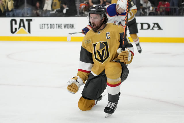 Vegas Golden Knights right wing Mark Stone (61) celebrates after scoring against the Vegas Golden Knights during the second period of Game 5 of an NHL hockey Stanley Cup second-round playoff series Friday, May 12, 2023, in Las Vegas. (AP Photo/John Locher)