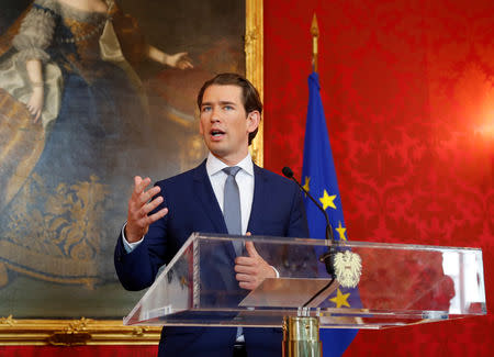 Austria's Chancellor Sebastian Kurz delivers a news conference at the presidential office at Hofburg Palace in Vienna, Austria, May 21, 2019. REUTERS/Leonhard Foeger