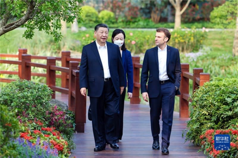 2023年4月7日，習近平與馬克宏在廣州會晤。（中國外交部）