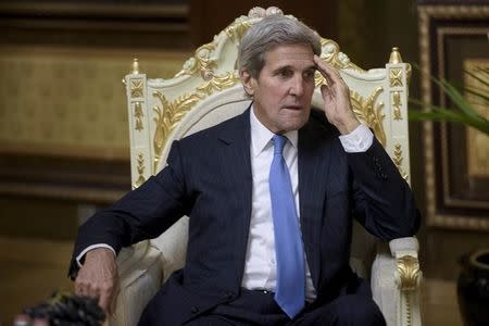 U.S. Secretary of State John Kerry attends a tea ceremony during a meeting with Tajikistan's Foreign Minister Sirodjidin Aslov (unseen) at Dushanbe Airport, Dushanbe, Tajikistan November 3, 2015. REUTERS/Brendan Smialowski/Pool