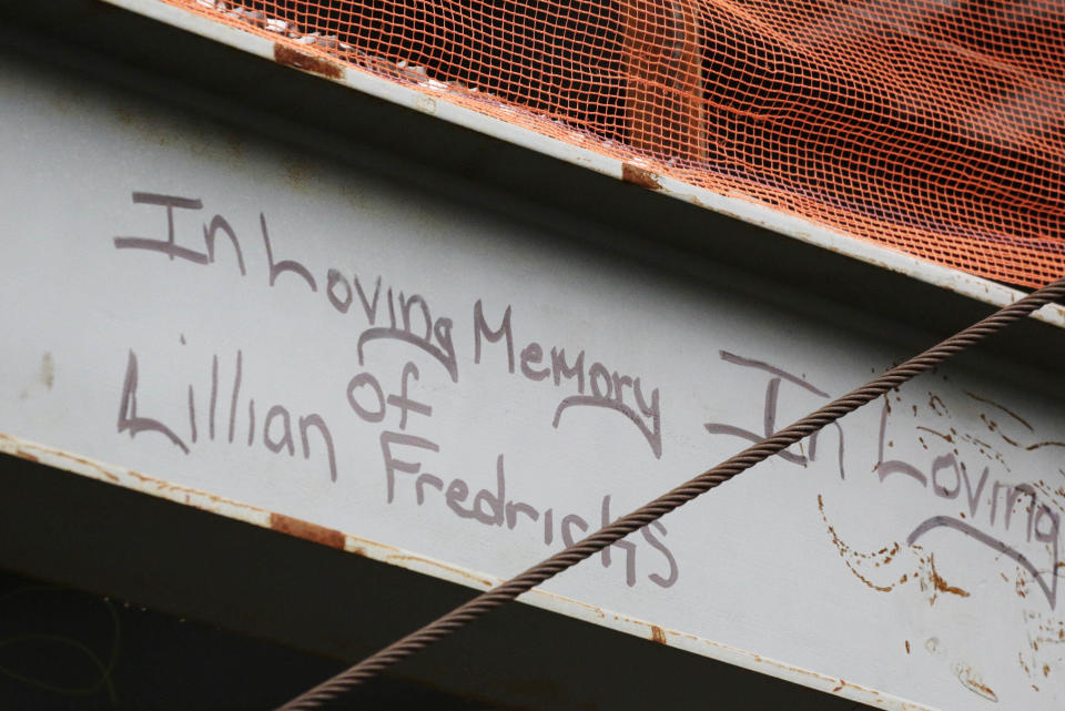 This Jan. 15, 2013 photo shows a tribute in graffiti to Lilian Fredricks that a construction worker left on a steel column on the 104th floor of One World Trade Center in New York. Fredericks was killed in the 2001 terror attacks. Workers finishing New York's tallest building at the World Trade Center are leaving their personal marks on the concrete and steel in the form of graffiti. (AP Photo/Mark Lennihan)