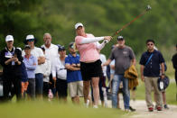 Brittany Lincicome hits on the ninth fairway during the final round of the ShopRite LPGA Classic golf tournament, Sunday, June 12, 2022, in Galloway, N.J. (AP Photo/Matt Rourke)