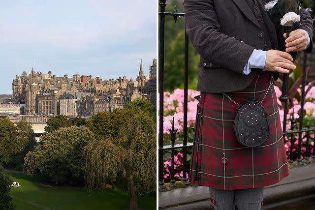 <p>Hayley Benoit</p> From left: An afternoon picnic in Princes Street Gardens, in Edinburgh; a bagpiper in traditional Scottish dress.