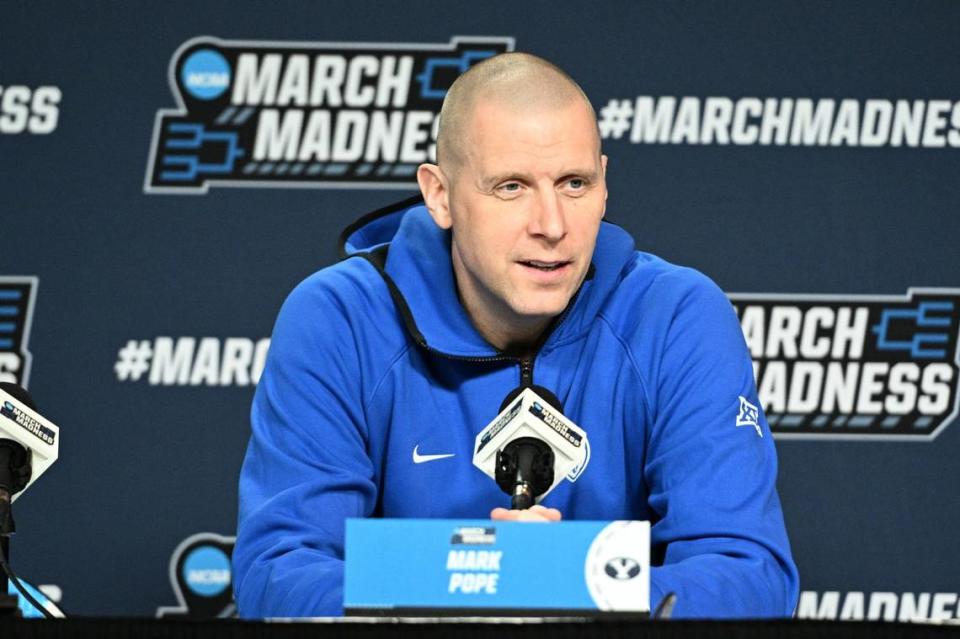 BYU head coach Mark Pope talks with the media on March 20 ahead of his team’s first-round NCAA Tournament game.