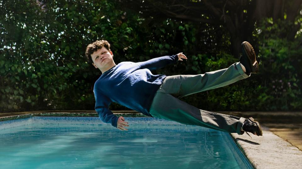 Dan Tiernan falling into a swimming pool