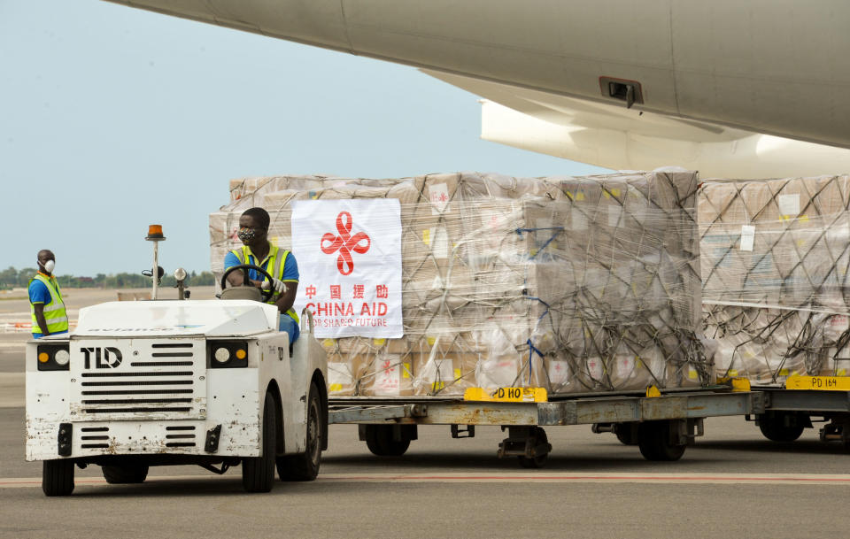 ADDIS ABABA, April 7, 2020 -- A staff member unloads Chinese medical supplies from an airplane at the Kotota International Airport in Accra, capital of Ghana, April 6, 2020. (Photo by Xu Zheng/Xinhua via Getty) (Xinhua/Xu Zheng via Getty Images)