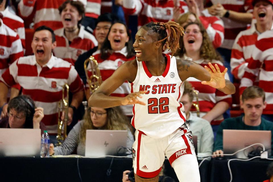 North Carolina State's Saniya Rivers celebrates after a basket against Connecticut during Sunday's game.