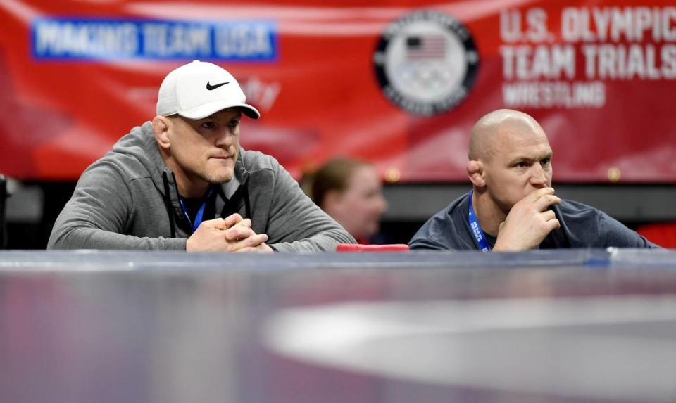 Cael Sanderson watches a match during the U.S. Olympic Team Trials at the Bryce Jordan Center on Friday, April 19, 2024.