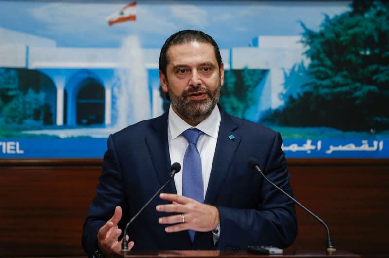Lebanon's Prime Minister Saad al-Hariri speaks during a news conference after a cabinet session at the Baabda palace