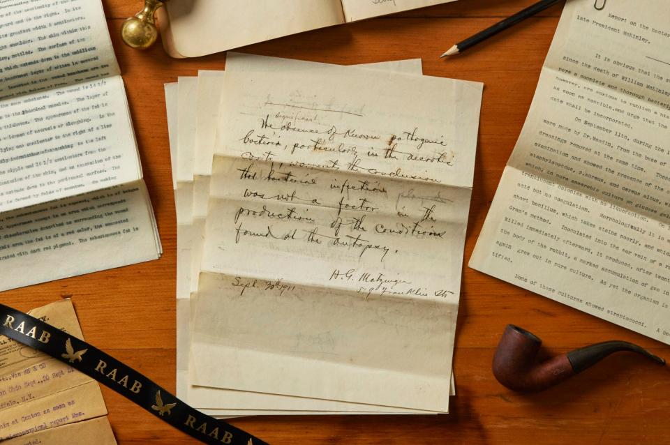 Historic documents related to the 1901 autopsy of President William McKinley are for sale for $80,000 through The Raab Collection, a private firm that deals in historical autographs and documents.