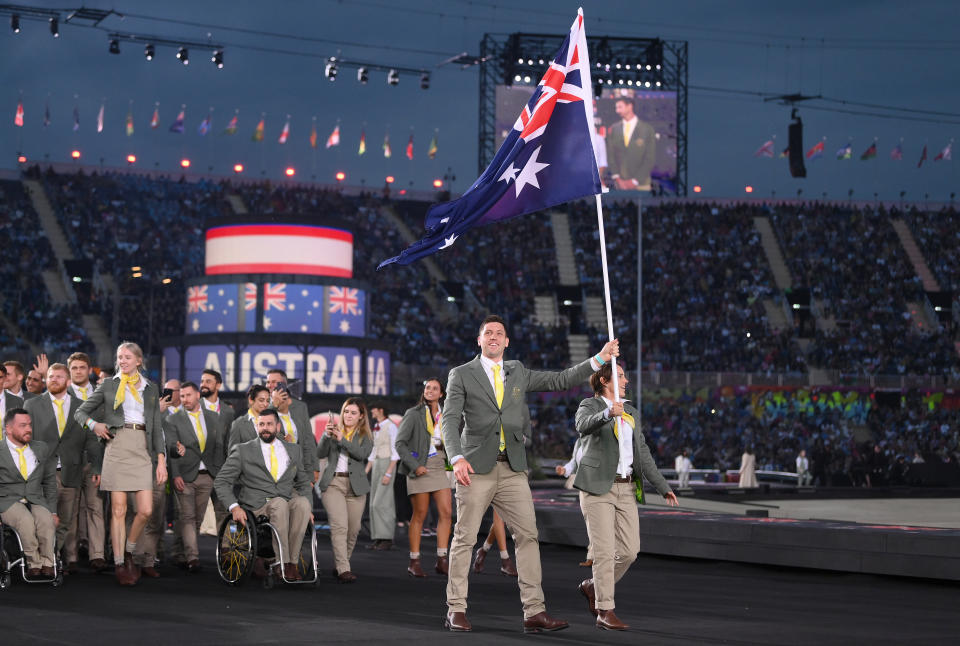 Eddie Ockenden and Rachael Grinham, pictured here leading Australia for the opening ceremony of the Commonwealth Games. 