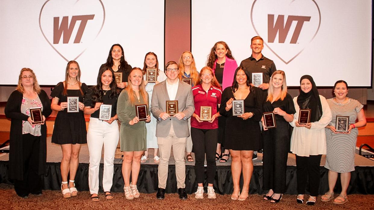 West Texas A&M University's College of Nursing and Health Sciences recognized outstanding students during a year-end celebration April 25. Among those honored were, front from left, Lezley Cummings, Allison Davis, Desiree Sotelo, Haley Jones, Jonathan Horton, Heidi Vortherms, Scarlett Gonzalez, Elizabeth Cranfill, Rafah Shawakfeh and Alexa Dolezal; and, back from left, Emili Mora, Marlee Hicks, Melissa Doss and Jack Wilkerson. Also pictured, second from back right, is Dr. Holly Jeffreys, dean.