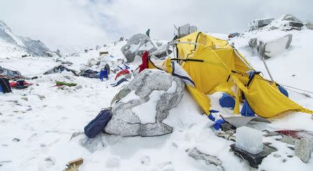 The Mount Everest south base camp in Nepal is seen a day after a huge earthquake-caused avalanche killed at least 17 people, in this photo courtesy of 6summitschallenge.com taken on April 26, 2015 and released on April 27, 2015. REUTERS/6summitschallenge.com