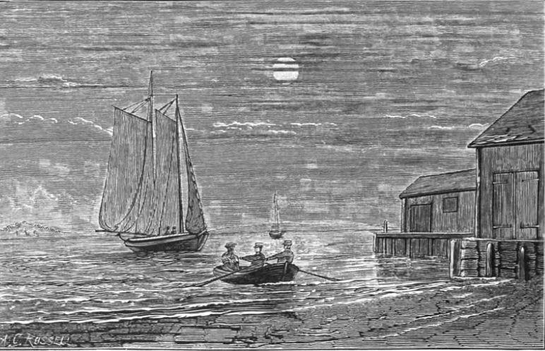 This drawing illustrates a landing of a fugitive slave at Drake's Wharf in South Boston from the yacht "Moby Dick," Captain Austin Bearse, on the night of July 18, 1853.”