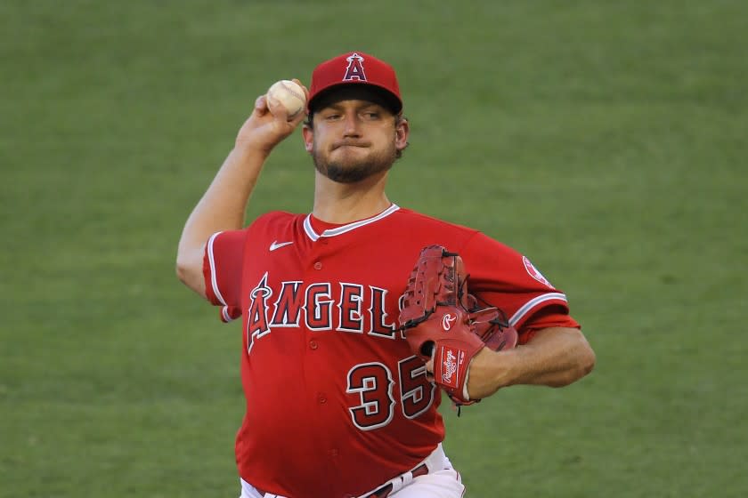 Los Angeles Angels starting pitcher Matt Andriese throws to the plate during the first inning of a baseball game against the Houston Astros Friday, July 31, 2020, in Anaheim, Calif. (AP Photo/Mark J. Terrill)