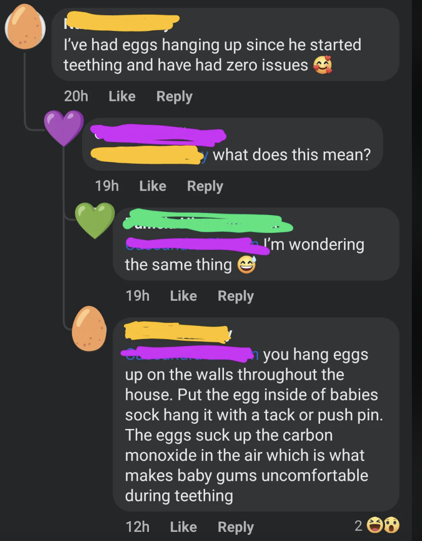 Facebook comment thread discussing hanging eggs during teething to alleviate baby discomfort