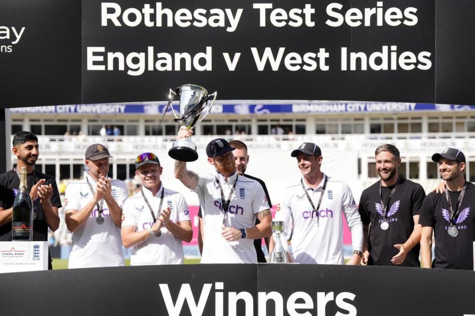 England celebrate winning the Test match series during day three of the Third Rothesay Test match at Edgbaston, Birmingham <i>(Image: Nick Potts/PA)</i>