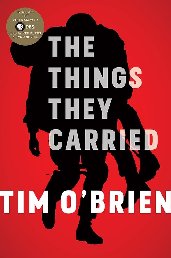 Book cover for "The Things They Carried" by Tim O'Brien with a silhouette of a soldier carrying gear. Featured in a Vietnam War series by PBS