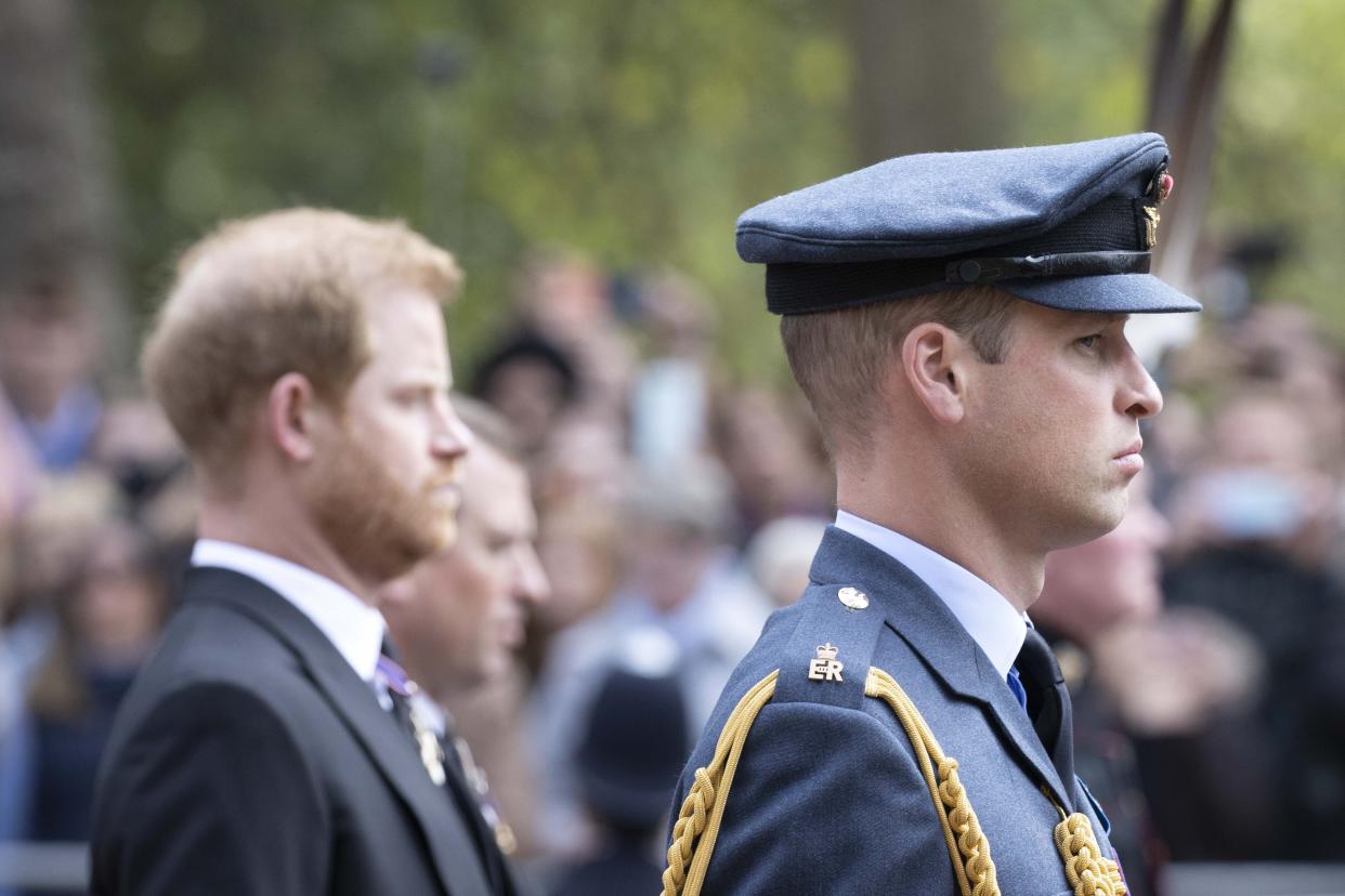 LONDON, UNITED KINGDOM â SEPTEMBER 19: William (R), Prince of Wales and Prince Harry (L), Duke of Sussex walk behind the coffin of Queen Elizabeth II as it travels in a procession from Westminster Abbey to Wellington Arch in London, United Kingdom on September 19, 2022. The state funeral of Queen Elizabeth II, Britainâs longest reigning monarch, is expected to be watched by millions of people in the UK and abroad with hundreds of thousands lining the streets in London and Windsor to pay their respects on her final journey. (Photo by Rasid Necati Aslim/Anadolu Agency via Getty Images)
