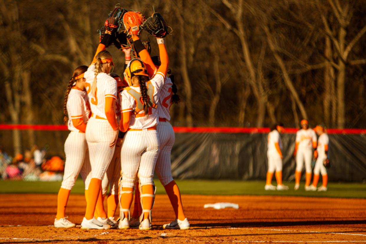 Ladies from the University of Tennessee Vols huddle during the Midstate Classic at Ridley Sports Complex in Columbia, Tenn. on Mar. 15, 2023.