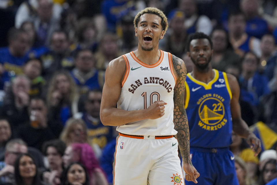 San Antonio Spurs forward Jeremy Sochan reacts during the first half of an NBA basketball game against the Golden State Warriors, Saturday, March 9, 2024, in San Francisco. (AP Photo/Godofredo A. Vásquez)