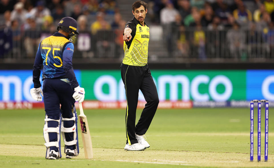 Mitchell Starc, pictured here gesturing to Dhananjaya de Silva during Australia's clash with Sri Lanka at the T20 World Cup.