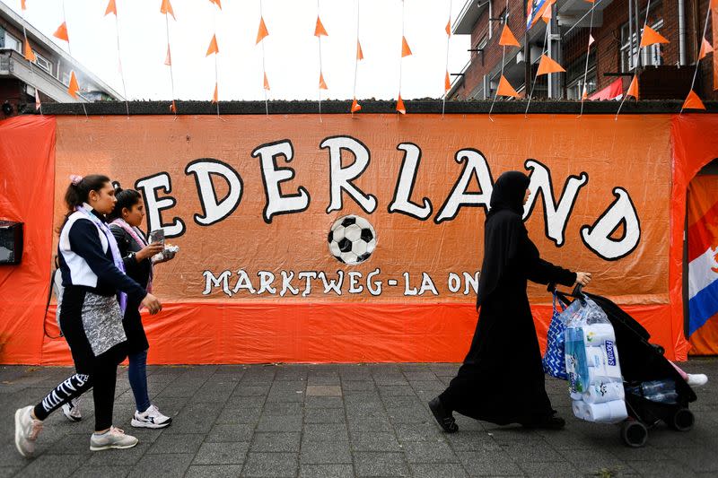 A neighbourhood is decorated in orange for Euro 2020 in The Hague