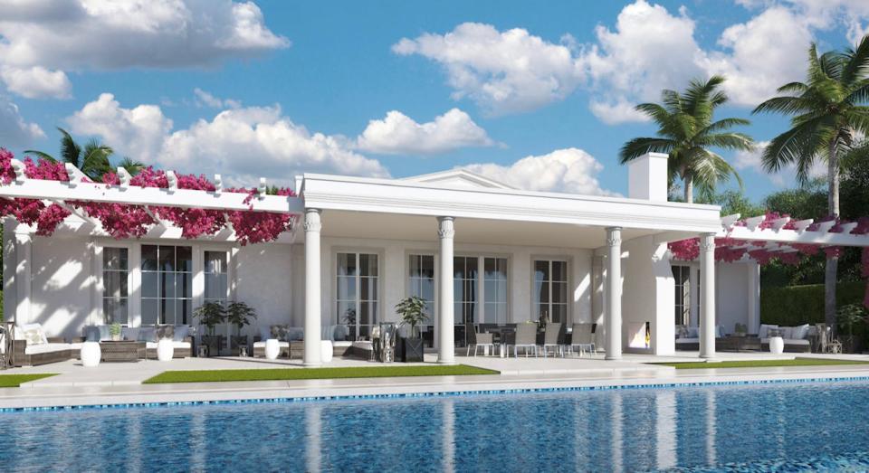 A rendering shows the poolside loggia and pergola-covered patios designed for the lakefront side of 500 Regents Park Road, which is under restoration in Palm Beach. The property was just listed at $40 million.