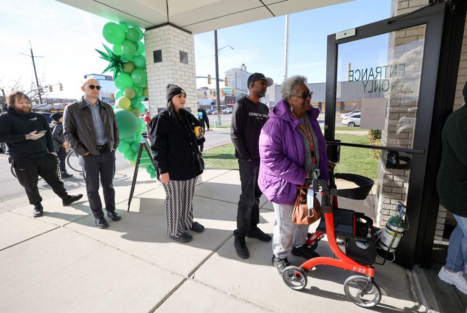 People line up to get their medical cannabis outside of Dragonfly Wellness in Salt Lake City on Thursday, April 20, 2023. | Kristin Murphy, Deseret News