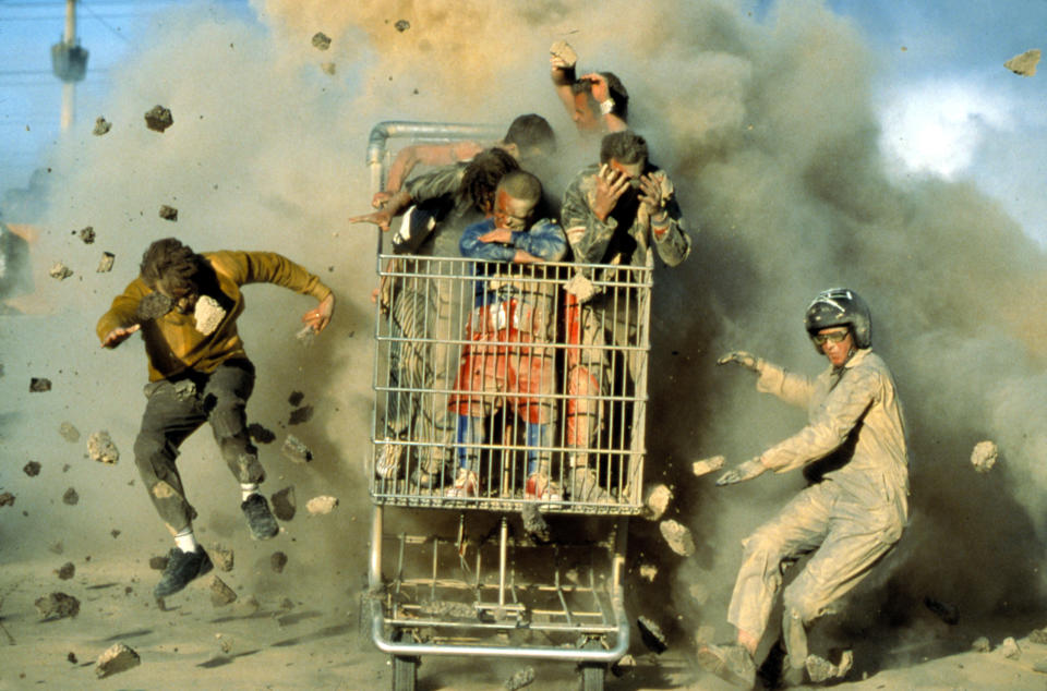 The cast of Jackass: The Movie in the film&#39;s explosive opening stunt. (Photo: Paramount/courtesy Everett Collection)