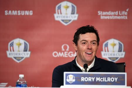 Sep 27, 2016; Chaska, MN, USA; Europe team player Rory McIlroy addresses the media at Hazeltine National Golf Club ahead of the 41st Ryder Cup. Mandatory Credit: John David Mercer-USA TODAY Sports