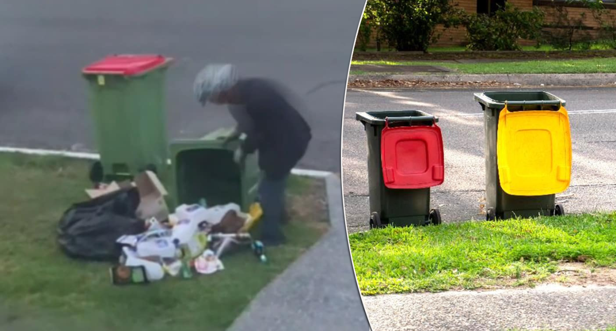 A person pictured rummaging through kerbside bins to collect cans and bottles in Sydney.